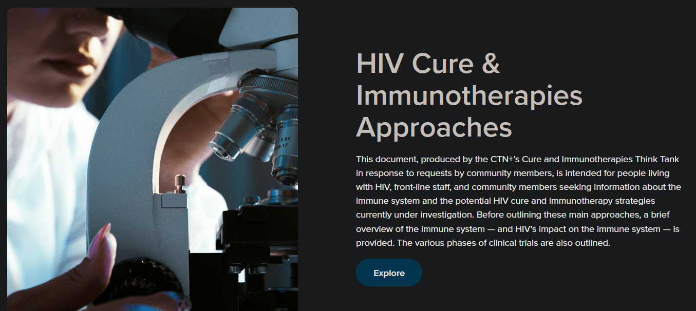 A screenshot of the CTN+ Knowledge Mobilization Hub page, with the section on the HIV Cure & Immunotherapies Approaches. 